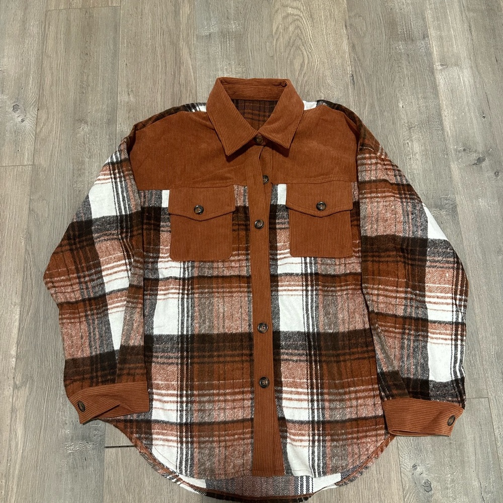 Women's Plaid Brown and White Shirt Jacket